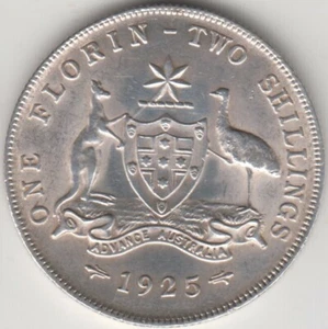 Coin Australia 1925 silver 2/- florin variety die crack MN REX F D IN, lovely - Bild 1 von 2