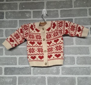 H&M Kids Light Beige/Patterned Fair Isle Heart Print Knit Cardigan Size 9M - Picture 1 of 9