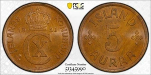 ICELAND 1926-HCN GJ 5 Five Aurar PCGS MS65BN - Picture 1 of 3