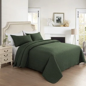 Summer, Full Queen Size Olive Green Leaves Pattern 3 Pieces Quilt Set, Oversi... - Picture 1 of 6