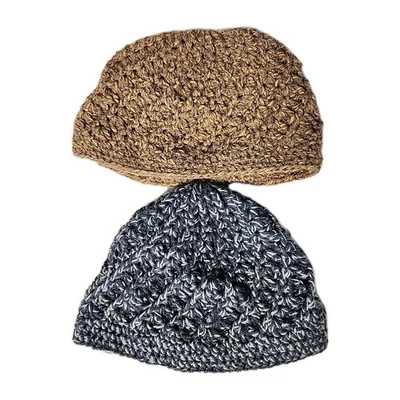 Lot 2 Hand-Knit Beanies Winter Hats Blue & Brown Cotton/Wool Blend Cozy Gift - Image 1 of 4