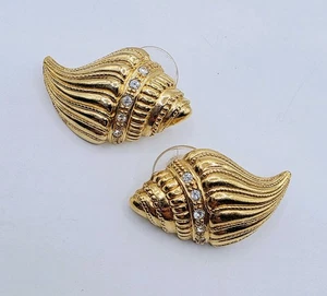 Vintage klare Strass Gold Kenneth Jay Lane KJL Avon Muschel Ohrringe Ohrstecker - Bild 1 von 6