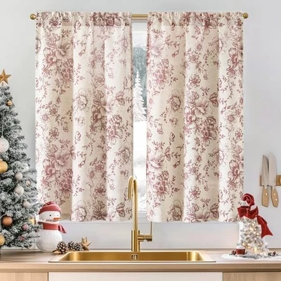  Цветочный льняной ярус занавески 26 «W x 45» L (упаковка из 2) цветочный кирпич красный на бежевый - Изображение 1 из 4