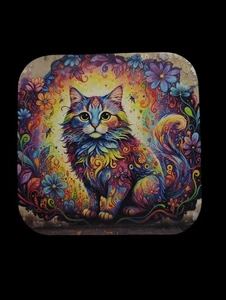 Handgefertigter glänzender laminierter Magnet - strahlende Blumen Katze - Regenbogen Fantasy Kunst  - Bild 1 von 2