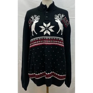 Chaps Men's XL Reindeer Fair Isle Christmas Sweater Black Cotton Knit - Picture 1 of 7