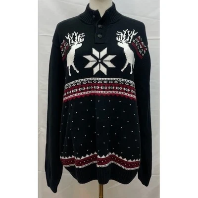 Chaps Men's XL Reindeer Fair Isle Christmas Sweater Black Cotton Knit - Image 1 of 4