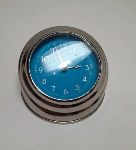 Pottery Barn Magnified Glass Angled Desk Clock Paperweight Chrome BLUE Retro Cover