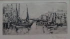Old Original Etching Signed Town on the Bank of the River Castle, sale boats,