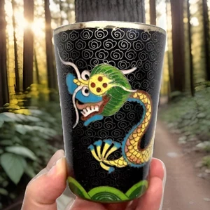Antique Chinese Cloisonne Beaker Cup Dragon Chasing Flaming Pearl Late Qing - Picture 1 of 13