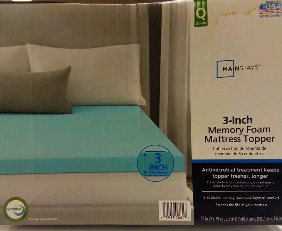 Mainstays 3" Memory Foam Mattress Topper Size Queen Blue. Box Slightly Damaged  - Image 1 of 4