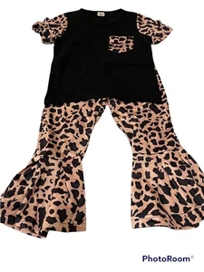 New Toddler Girls Leopard Short Sleeve Shirt with Bell Trousers Size 3-4 Years - Picture 1 of 2
