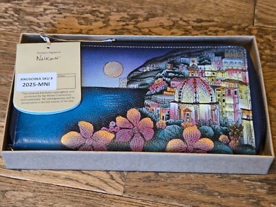 Cartera sin asas de cuero genuino pintada a mano Anuschka - Moonlit Amalfi - Nueva con etiquetas Foto 1 de 4