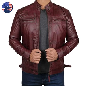 Men’s Distressed  Maroon Genuine Leather Jacket Vintage Biker Motorcycle Racing - Picture 1 of 5