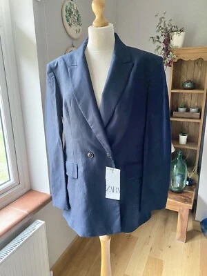 Zara Navy Blue Linen Blazer Size XL UK 16 Bnwt # G226XL - Image 1 of 4