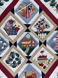 Handmade America Patchwork Scenic Flower Quilt Black White Checkered 92x99” VGC - Picture 1 of 18