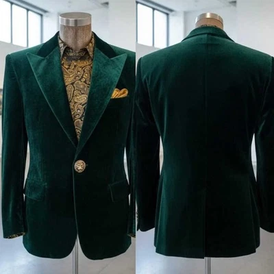Spring Autumn Men's Drak Green Velvet Suit Double Breasted Working Office Jacket - Image 1 of 4