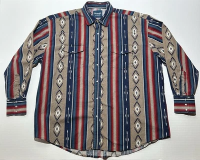 Vintage Wrangler Shirt Men XXL Beige Pearl Snap Western Aztec Brushpopper Cowboy - Image 1 of 4