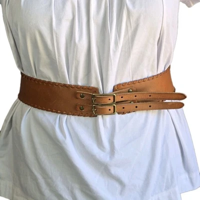 Cinto de couro genuíno boho largo bronzeado fivela dupla ponto chicote espartilho - Imagem 1 de 4