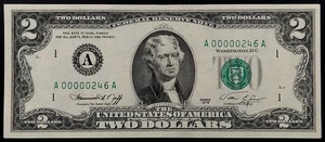 1976 $2 Federal Reserve Note with three digit low serial number! A00000246A! CU! - Picture 1 of 4