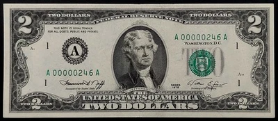 1976 $2 Federal Reserve Note with three digit low serial number! A00000246A! CU! - Image 1 of 4