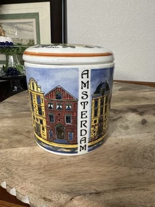 Polychrome Delftware Amsterdam Ceramic Jar - Hand-Painted Floral & Town Houses - Picture 1 of 15