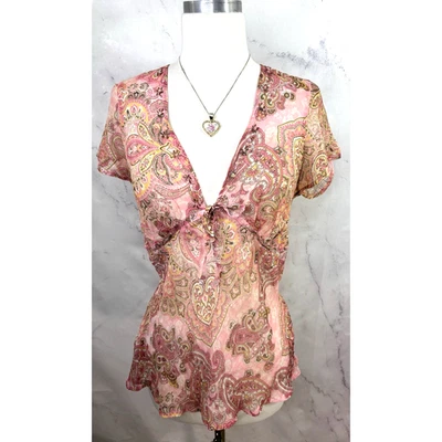 Blusa Babydoll de Seda Transparente Vintage y2k M Hada Rosa Paisley Malla Top Caprichoso Foto 1 de 4