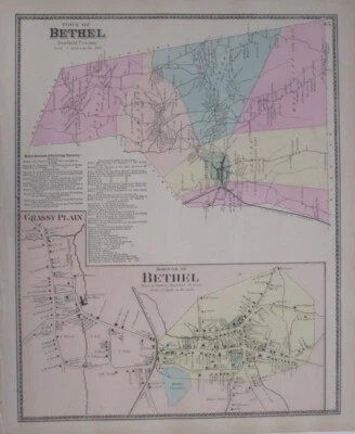 Original 1867 Fur Hat Mfr's Map BETHEL GRASSY PLAIN Fairfield County Connecticut - Image 1 of 4