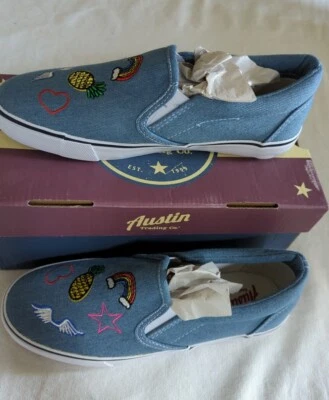 Niñas Zapatos de Tenis Sin Cordones Informales Denim Bordados Paz Arco Iris Divertidos Zapatillas Foto 1 de 4