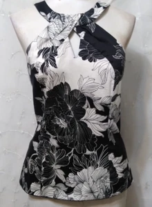 WHITE HOUSE BLACK MARKET Size 8 Halter Neck Top Stretch Lined Black/White Floral - Picture 1 of 5