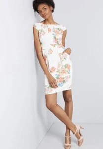 NWT Modcloth Elegant Reflections White Floral Sheath Pleats Dress Pockets Medium - Picture 1 of 12