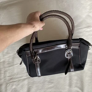 Henkeltasche Tasche Damen Schwarz Braun Leder Optik Und Textil - Bild 1 von 6