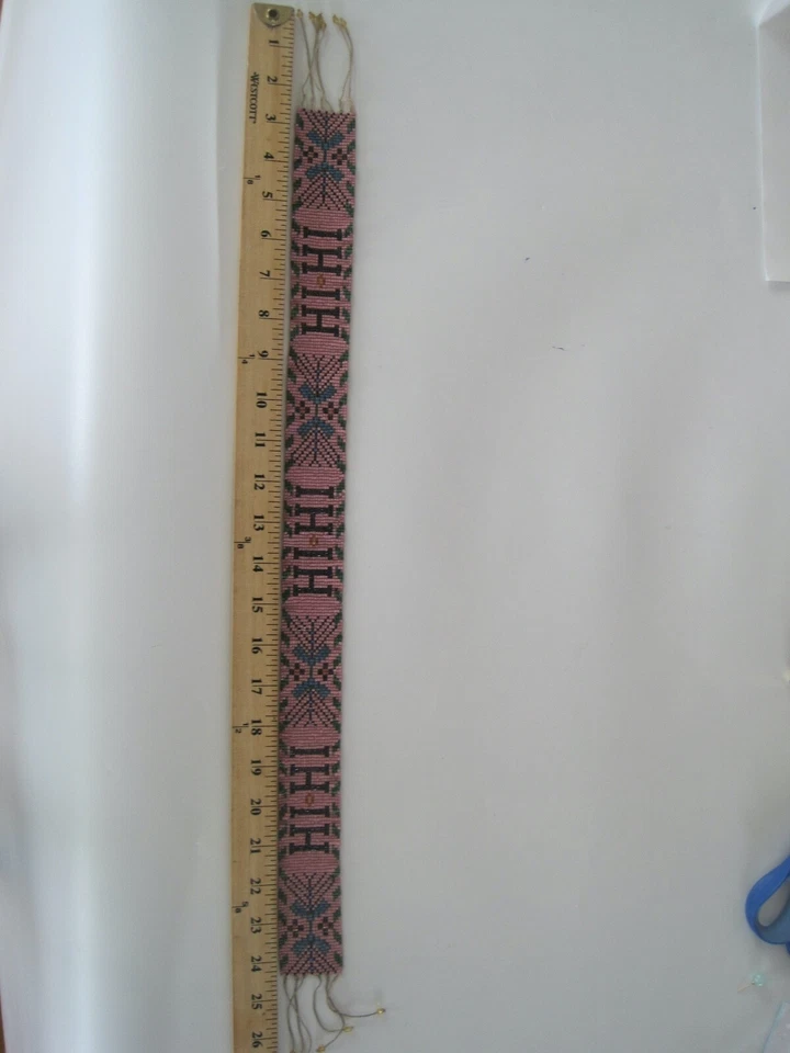 Victorian Seed Bead Belt Or Head Band HI HI Pink Floral 25"  Antique Indian - Image 1 of 4