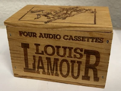 Louis L'Amour 4 Audio Cassettes in Carved Wooden Box 1993 Western Audio Book - Image 1 of 3
