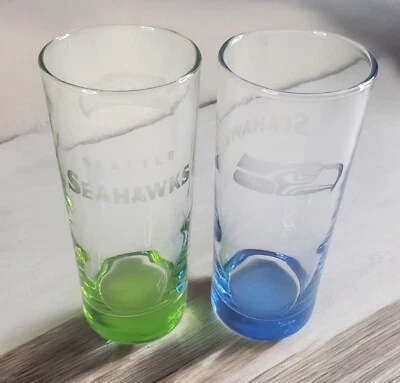 Seattle Seahawks Glasses Set Of 2 Highball Collins 6 In Logo Etched Blue Green - Image 1 of 4