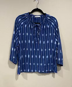 Camisa de capa marina para mujer mediana azul Ikat algodón mangas 3/4 centavo campesina - Imagen 1 de 16