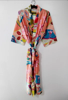 Indian Cotton Robe Long Kimono Sleepwear Multi Floral Printed Night Kimono Robe - Image 1 of 4