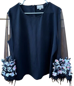 Serafina Women Top Black 3X Long Sheer Sleeve Floral Feather Cuffs 3D Zip Pullon - Picture 1 of 12
