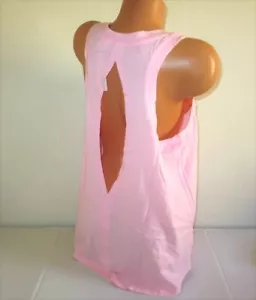 PINK Victoria Secret Knit Racerback Tank Top XL Slit Back Relaxed Pink White Log - Picture 1 of 6