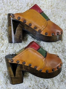 60er 70er Jahre PLATFORM VINTAGE Schuhe COLORBLOCK Leder HOLZABSATZ Hillari Brasil 6,5 - Bild 1 von 8