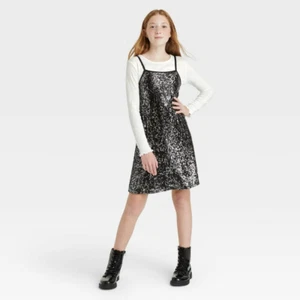 art class Girls' Slip Dress with Long Sleeve White T-Shirt Black Sequin XS 4/5 - Picture 1 of 7