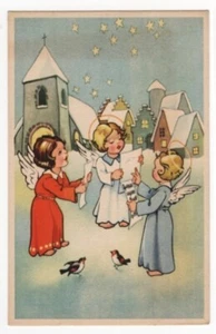 AK Weihnachten, kleine Engel singen vor Kirche, Sterne - Bild 1 von 2