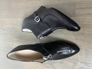 Elizabeth And James Wedge Booties 6.5 Black Leather Zipper Front Buckle Detail - Picture 1 of 17