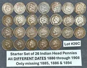 Starter Indian Head Pennies Penny Set with 26 DIFFERENT DATES 1880-1908 #26C - Picture 1 of 6