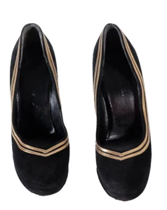 Balenciaga Women's Size 36.5 Black Suede Heels Round-Toe Pumps Leather Gold Trim - Picture 1 of 9