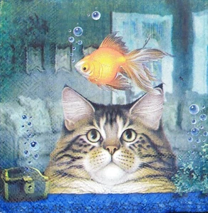S171# 3 x servilletas de papel pequeñas individuales tejido decoupage cabeza de gato y pez dorado - Imagen 1 de 1