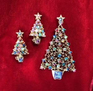 Vintage Weihnachtsbaum Pin passender Clip Ohrringe mehrfarbig Strass Goldton - Bild 1 von 5