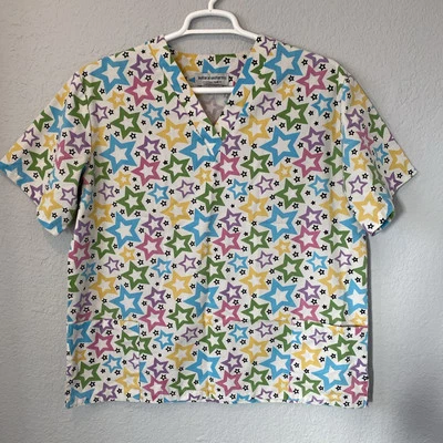 Natural Uniforms Scrub Top Womens L. White, Stars Pattern Multi-Pocketed.     #J - Image 1 of 4