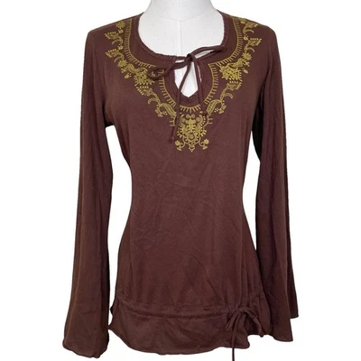 Vintage No Boundaries Brown Embroidered Blouse M Tie Neck Bell Sleeve Y2K Boho - Image 1 of 4