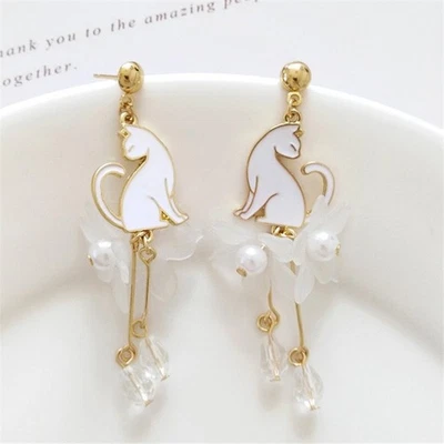 Cute White Cat Tassel Earrings Pearl Flower Acrylic Long Drop Dangle Jewelry - Image 1 of 3