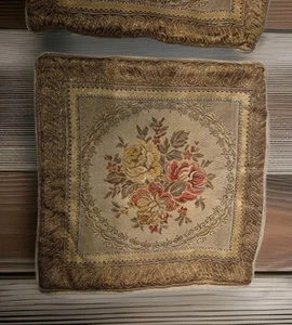 4- VTG Rose Floral Needlepoint Gold Shimmering Throw Pillow Covers 15" - Picture 1 of 21